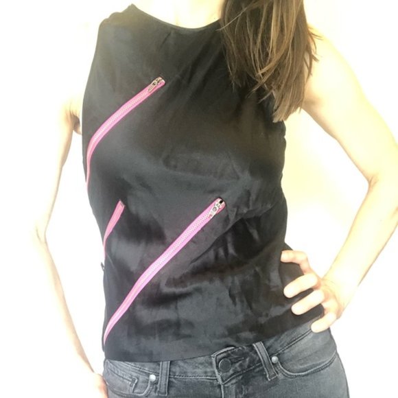 Express Tops - Black silk racerback tank with real pink zippers